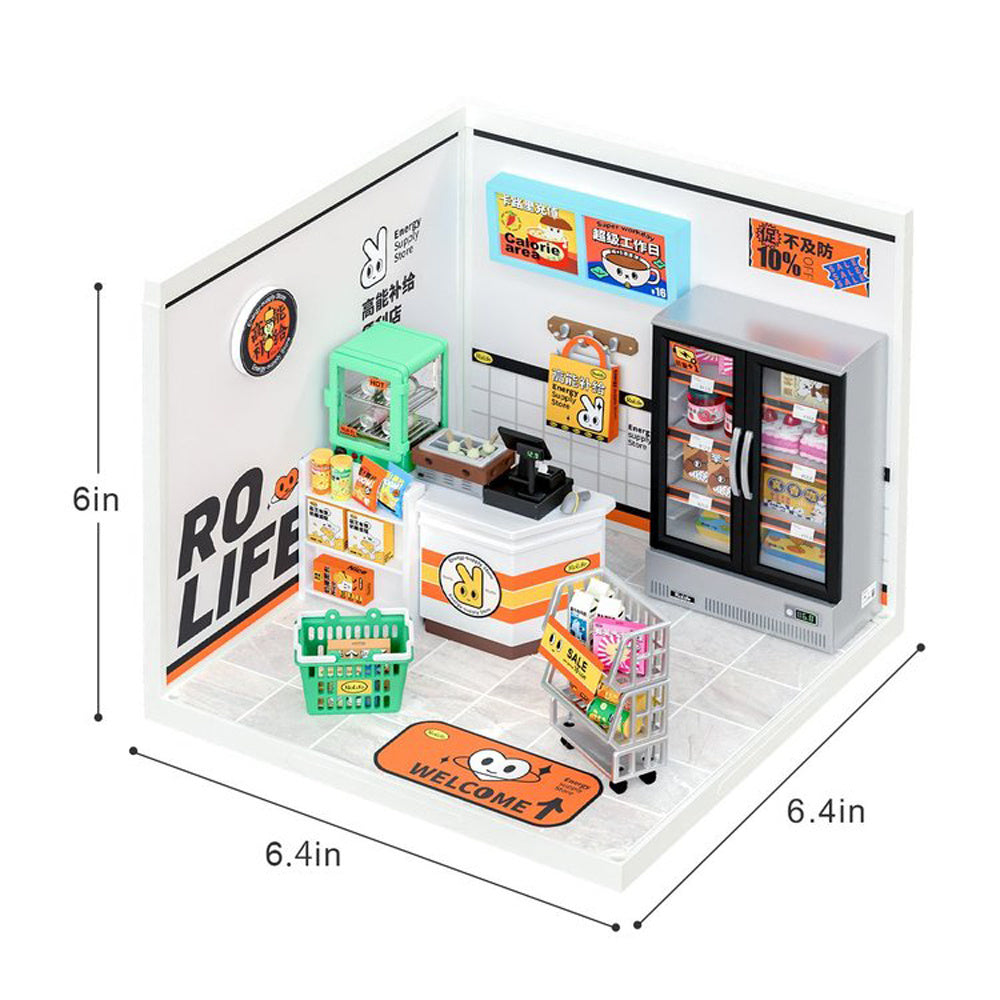 Robotime Rolife Super Creator Daily Plastic DIY Miniature House Cafe Energy Supply Store Building Block Sets English Version